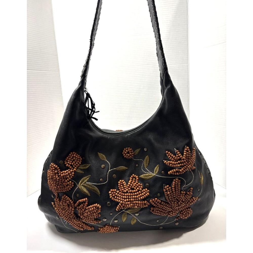 VTG Chi Carlos Falchi Black Leather Beaded Embroidered Shoulder Bag Hobo Studs